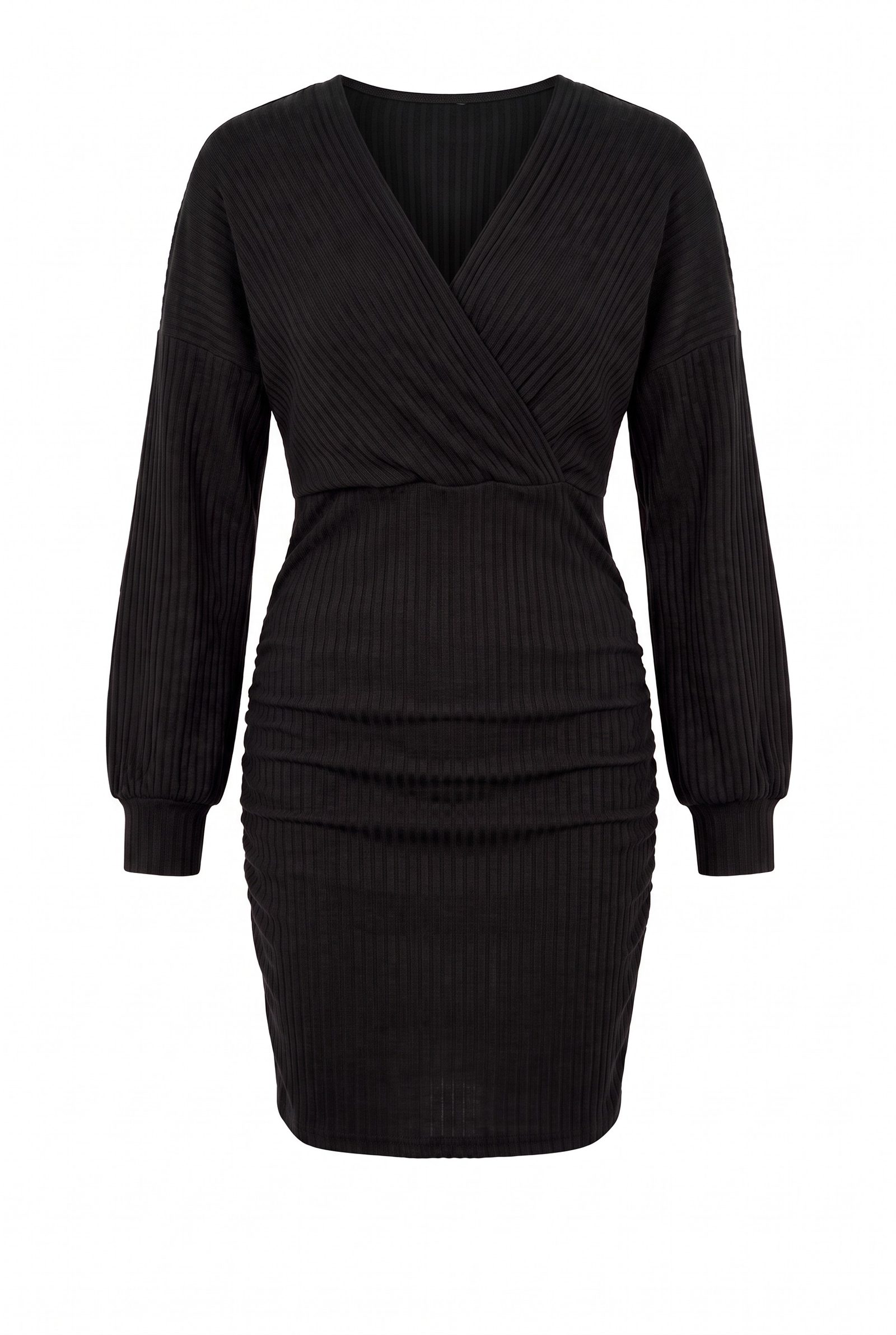 Ribbed Wrap Jurk Zwart