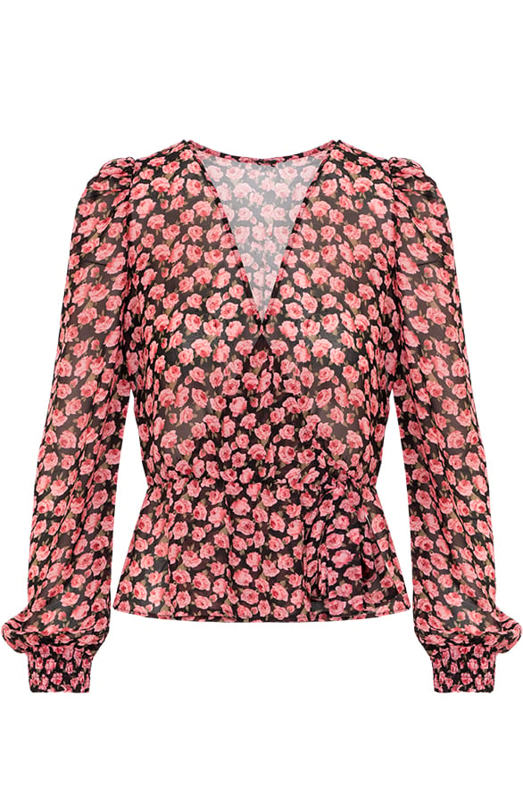 Brigit Bloemen Overslag Blouse Zwart – shoparchief