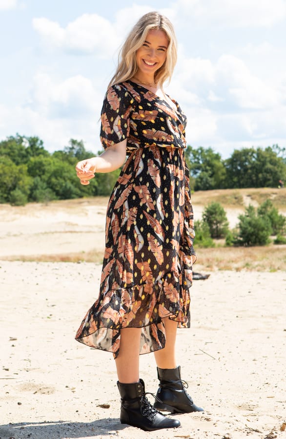 Midi Jurk Leaves Alina Zwart Goud – shoparchief — foto 3