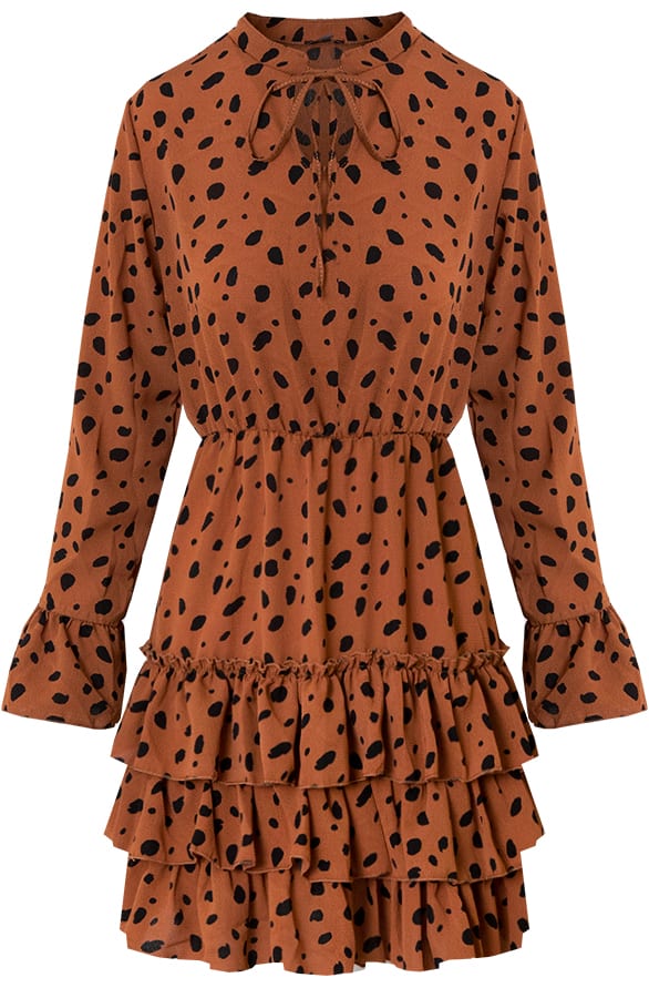 Evelyn Cheetah Ruches Jurk Cognac – shoparchief