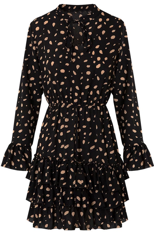 Evelyn Cheetah Ruches Jurk Zwart Camel – shoparchief