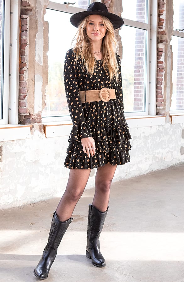 Evelyn Cheetah Ruches Jurk Zwart Camel – shoparchief — foto 3