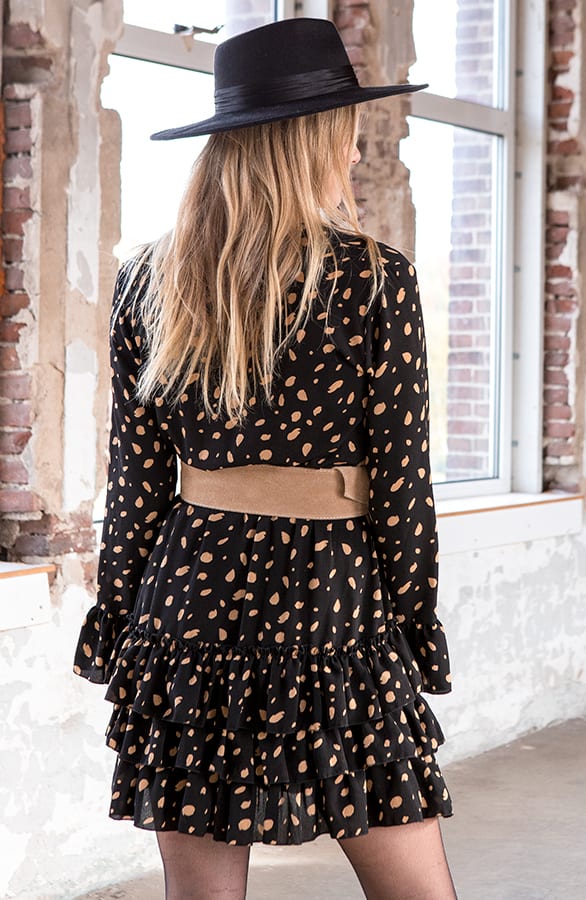 Evelyn Cheetah Ruches Jurk Zwart Camel – shoparchief — foto 4
