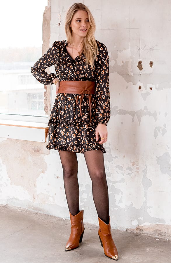 Zijden Jurk Panterprint Tirza Zwart Cognac – shoparchief — foto 2