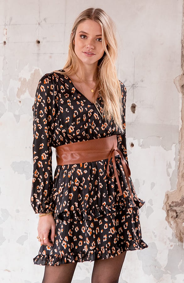 Zijden Jurk Panterprint Tirza Zwart Cognac – shoparchief
