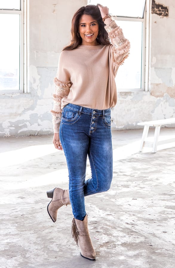Pailletten Trui Met Ruches Alexia Beige – shoparchief