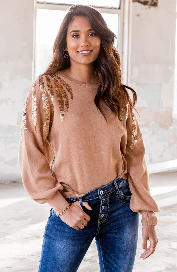 Pailletten Trui Suzy Camel – shoparchief