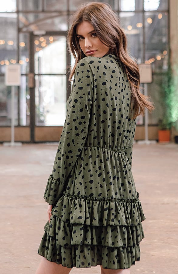 Evelyn Cheetah Ruches Jurk Legergroen – shoparchief — foto 3