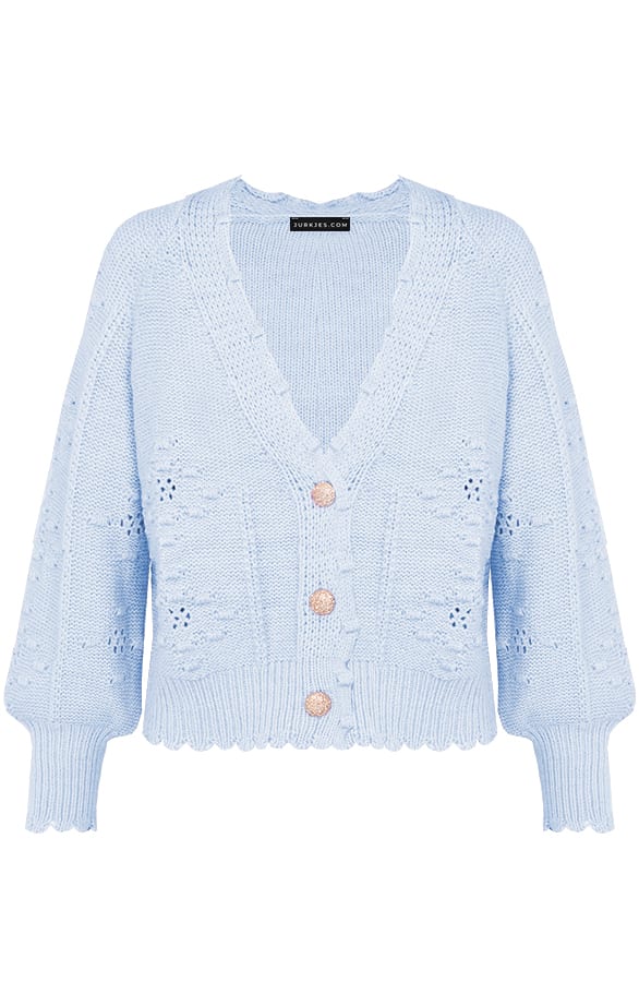 Gehaakt Pompon Vest Chrissy Jeansblauw – shoparchief