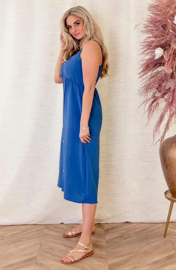 Spaghetti Knopen Jurk Kae Jeansblauw – shoparchief — foto 4