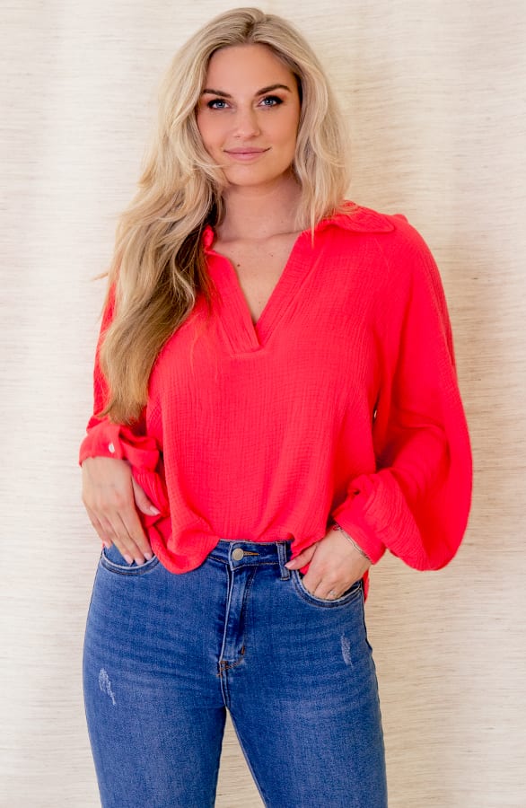Blouse Met Ballonmouwen Roza Koraal Oranje – shoparchief