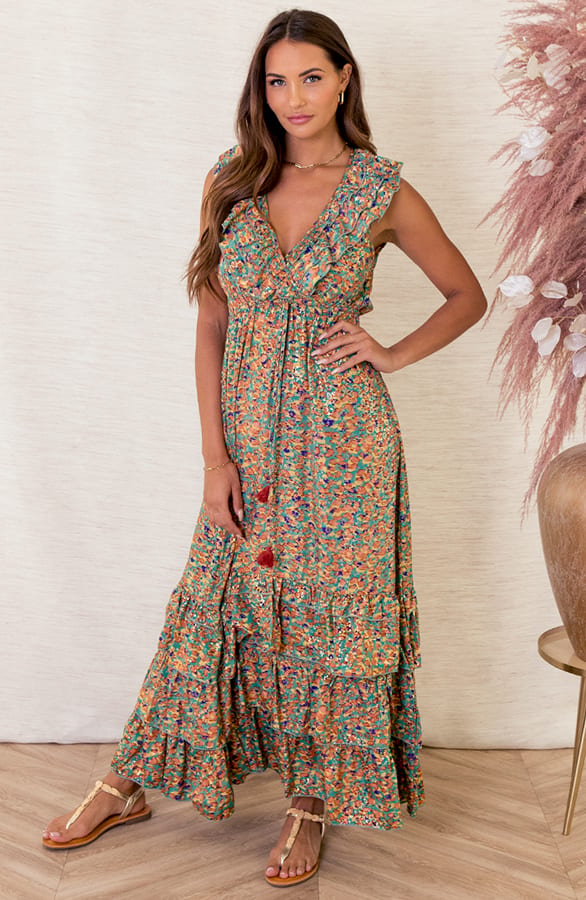 Maxi V-hals Jurk Noé Turquoise – shoparchief