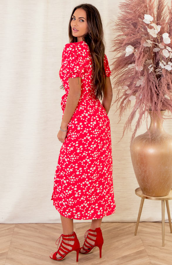 V-hals Bloemen Jurk Madelief Rood – shoparchief