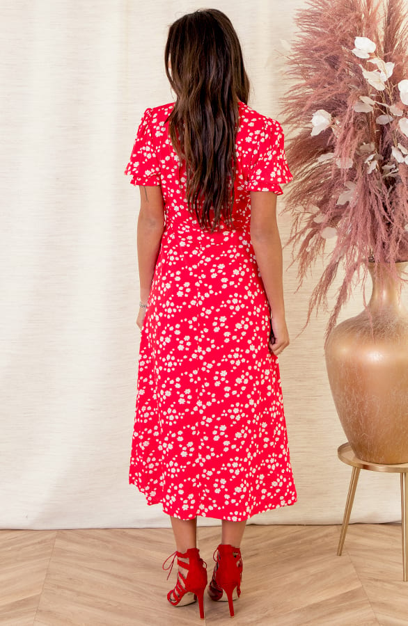 V-hals Bloemen Jurk Madelief Rood – shoparchief — foto 2
