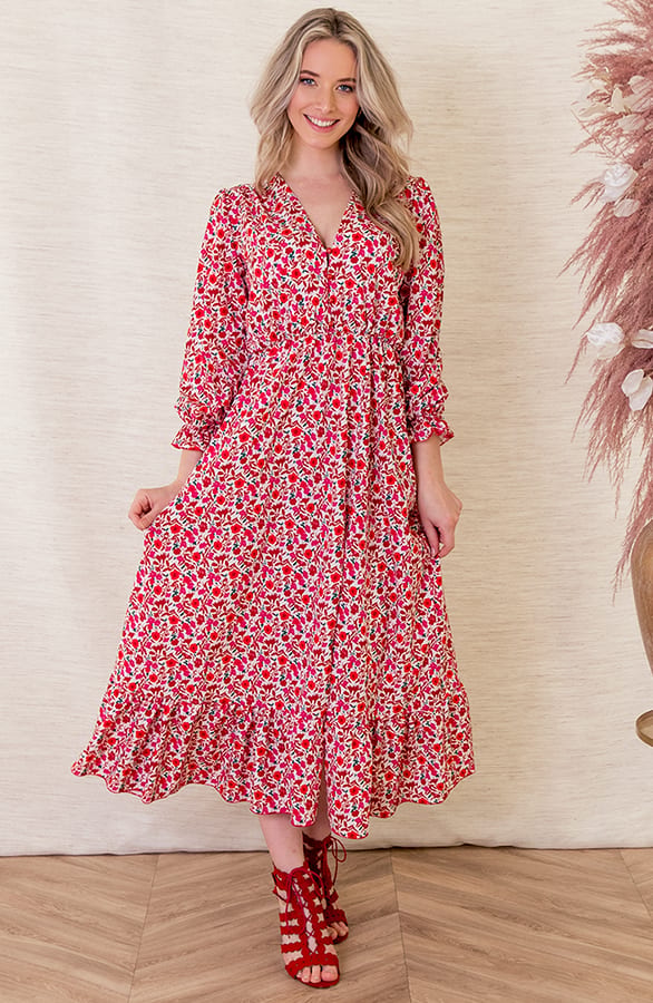 Bloemenprint Jurk Célien Rood – shoparchief