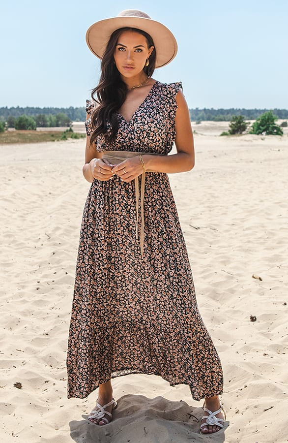 Bloemen Ruffle Jurk Jacky Taupe – shoparchief