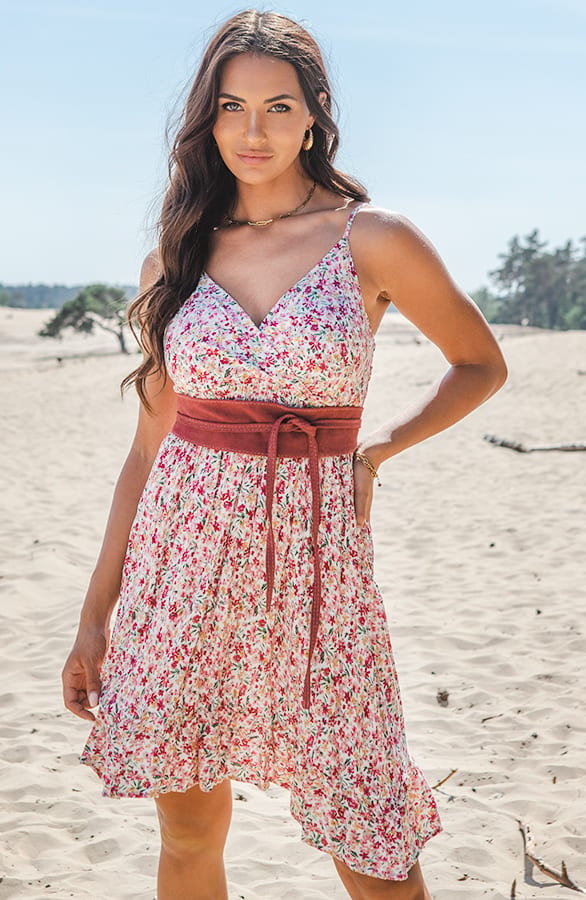 Bloemen Spaghetti Jurk Jacky Kort Ecru Roze – shoparchief