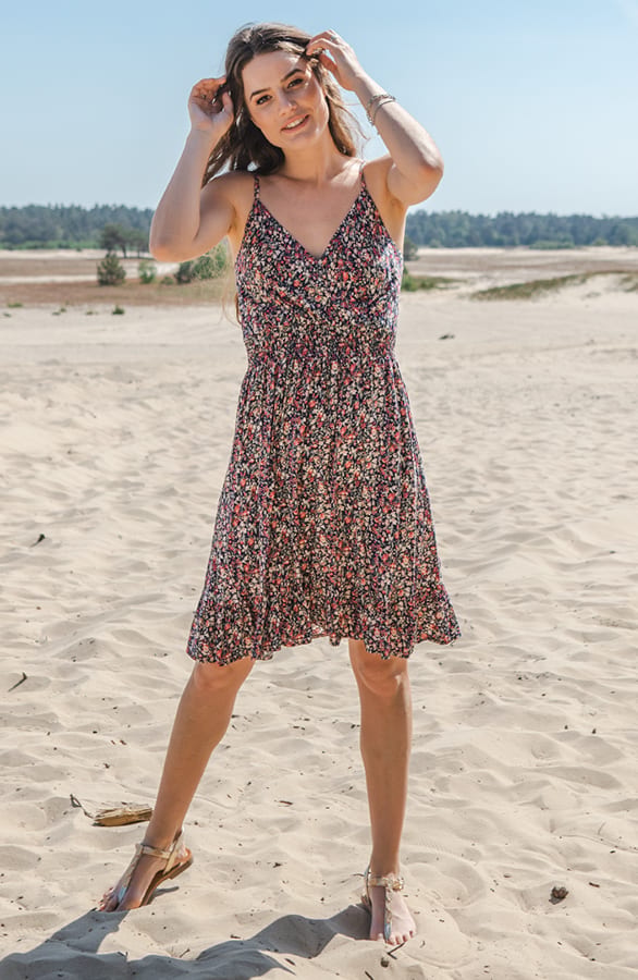 Bloemen Spaghetti Jurk Jacky Kort Fuchsia – shoparchief — foto 2