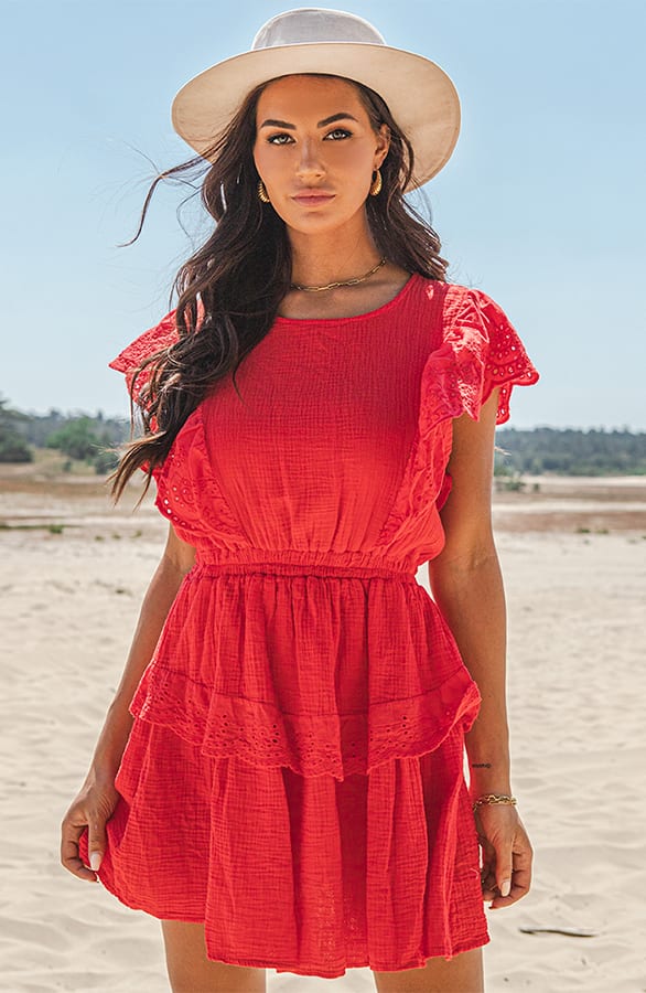 Katoenen Embroidery Jurk Larissa Rood – shoparchief