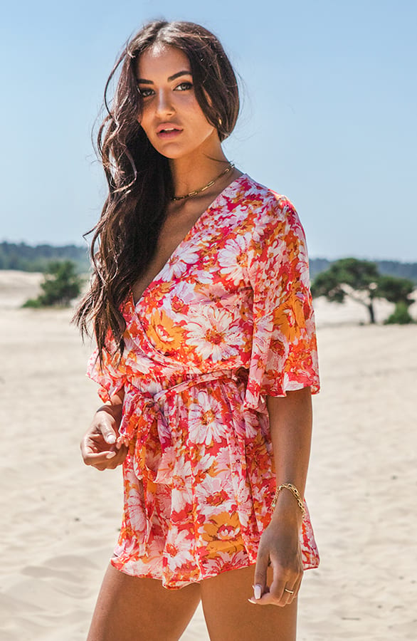 Ruches Bloemen Playsuit Lonneke Roze – shoparchief