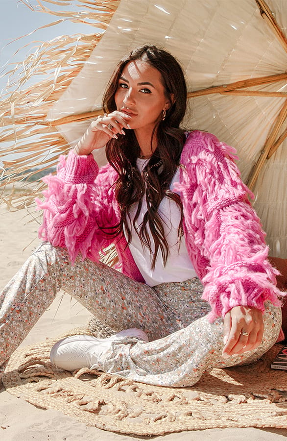 Trendy Gebreid Franjes Vest Veerle Roze – shoparchief