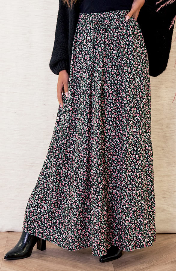 Bloemen Maxi Rok Jula Zwart Roze – shoparchief