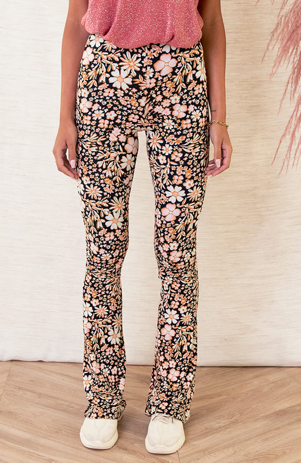 Janine Flared Broek Bloemen Oranje Zwart – shoparchief