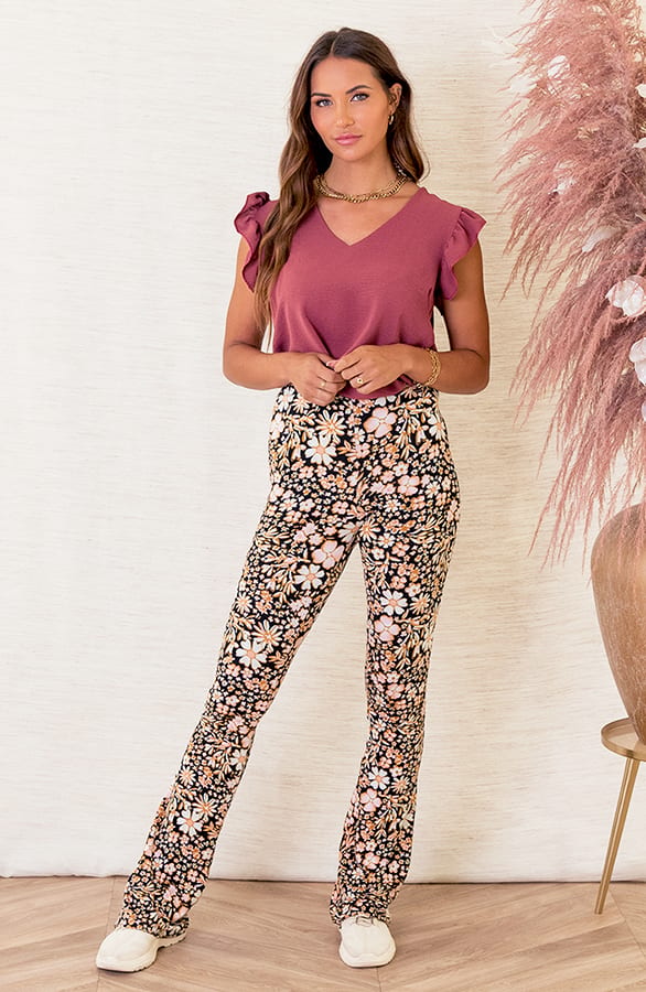 Janine Flared Broek Bloemen Oranje Zwart – shoparchief — foto 3