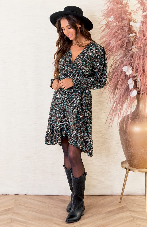 Ruches Jurk Met Bloemen Lola Smaragd – shoparchief — foto 4