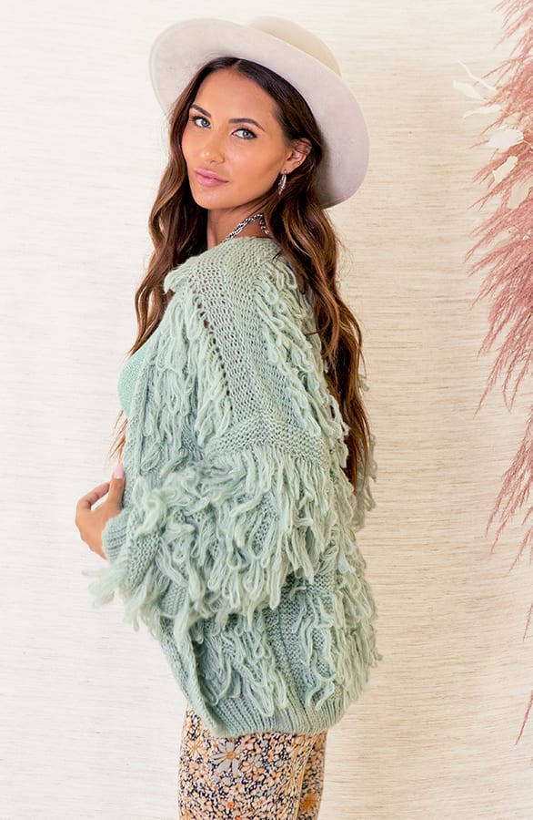 Trendy Gebreid Franjes Vest Veerle Dust Mint – shoparchief — foto 2
