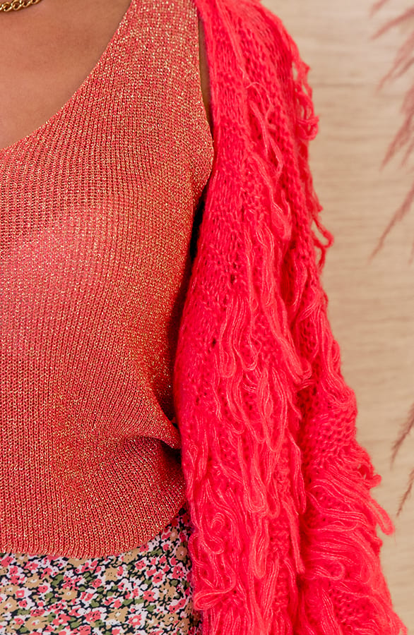 Trendy Gebreid Franjes Vest Veerle Neon Koraal – shoparchief — foto 4