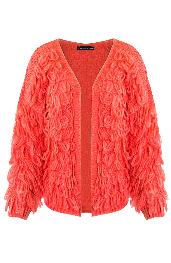 Trendy Gebreid Franjes Vest Veerle Neon Koraal – shoparchief — foto 5