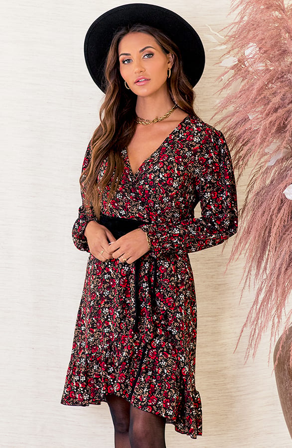Ruches Jurk Met Bloemen Lola Rood – shoparchief