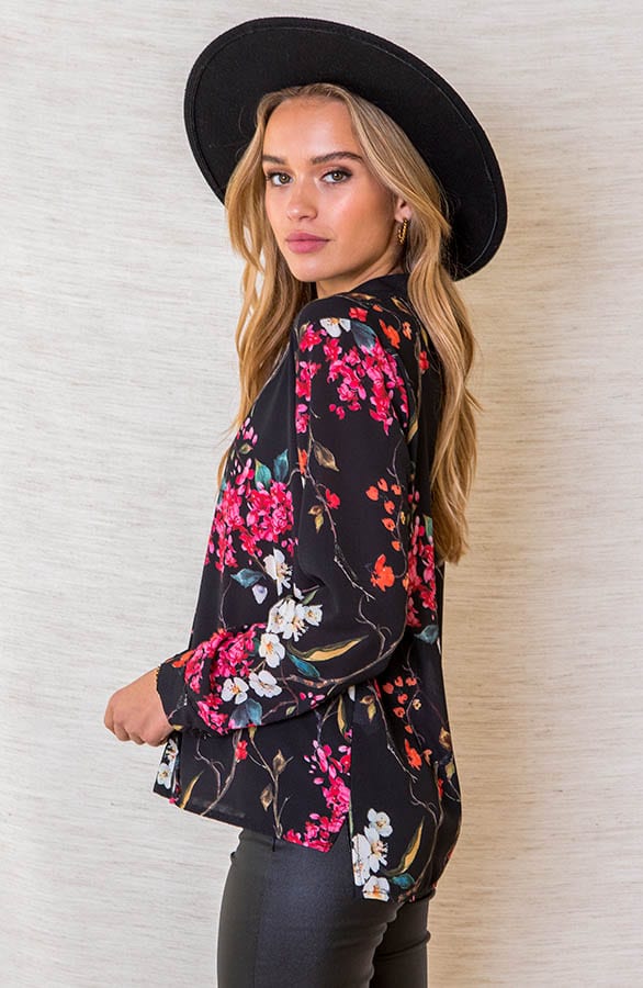 Bloemen Blouse Faye Zwart Roze – shoparchief — foto 2