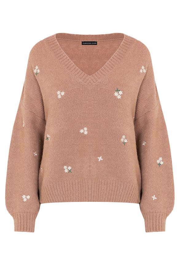 Bloemen V-hals Sweater Candice Camel – shoparchief