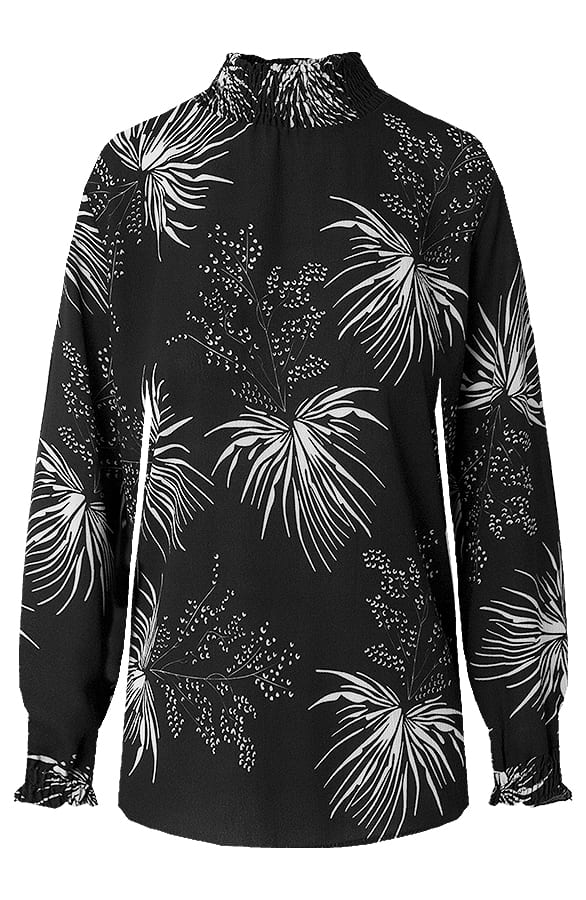 Col Blouse Met Bladeren Print Philley Zwart – shoparchief
