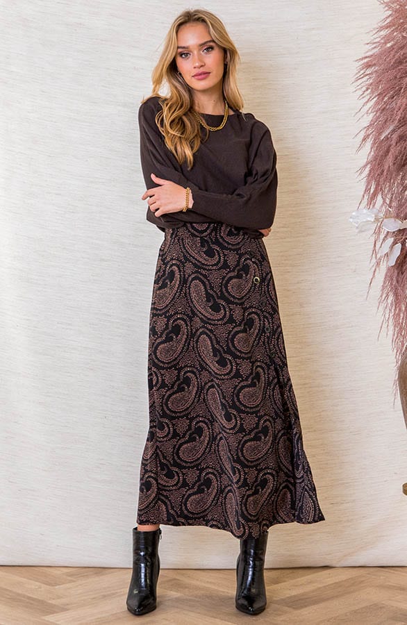 Midi Rok Met Paisley Print Elissa Zwart Bruin – shoparchief — foto 4