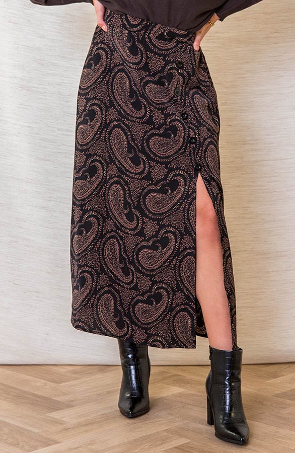 Midi Rok Met Paisley Print Elissa Zwart Bruin – shoparchief