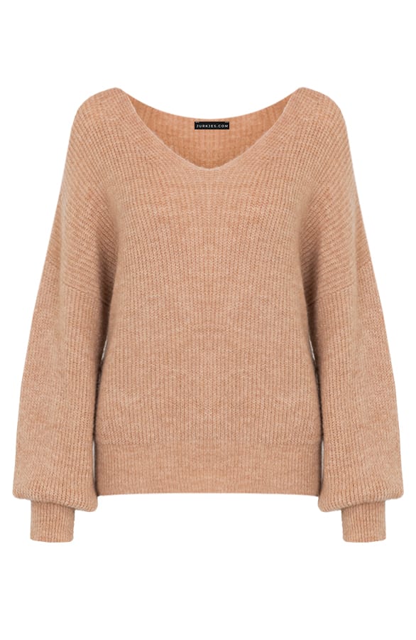Oversized Gebreide V-hals Trui Cadice Camel – shoparchief