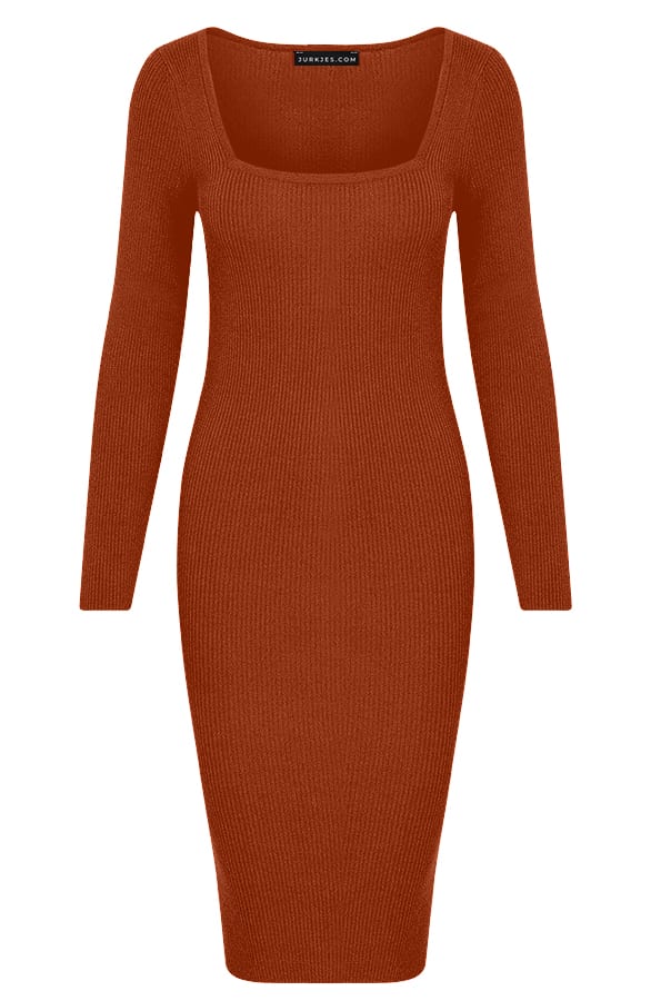 Rib Jurk Vierkante Hals Lia Roestbruin – shoparchief — foto 5