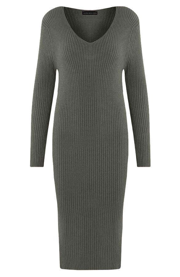 Ribstof Midi V-hals Jurk Dionne Army – shoparchief — foto 5