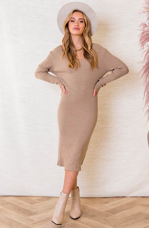 Ribstof Midi V-hals Jurk Dionne Taupe – shoparchief — foto 2