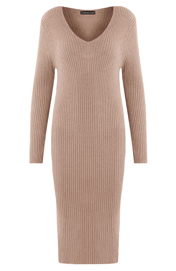 Ribstof Midi V-hals Jurk Dionne Taupe – shoparchief — foto 5