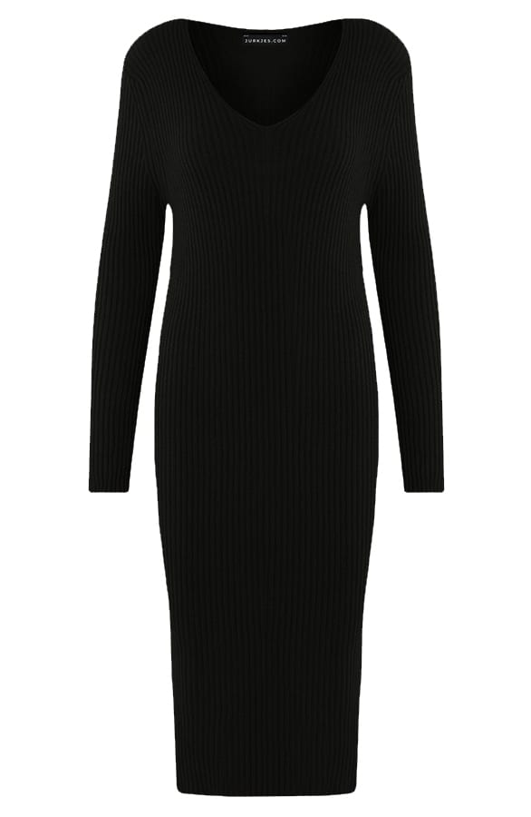 Ribstof Midi V-hals Jurk Dionne Zwart – shoparchief — foto 5