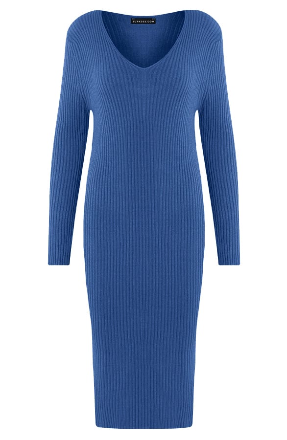 Ribstof Midi V-hals Jurk Dionne blauw – shoparchief — foto 5