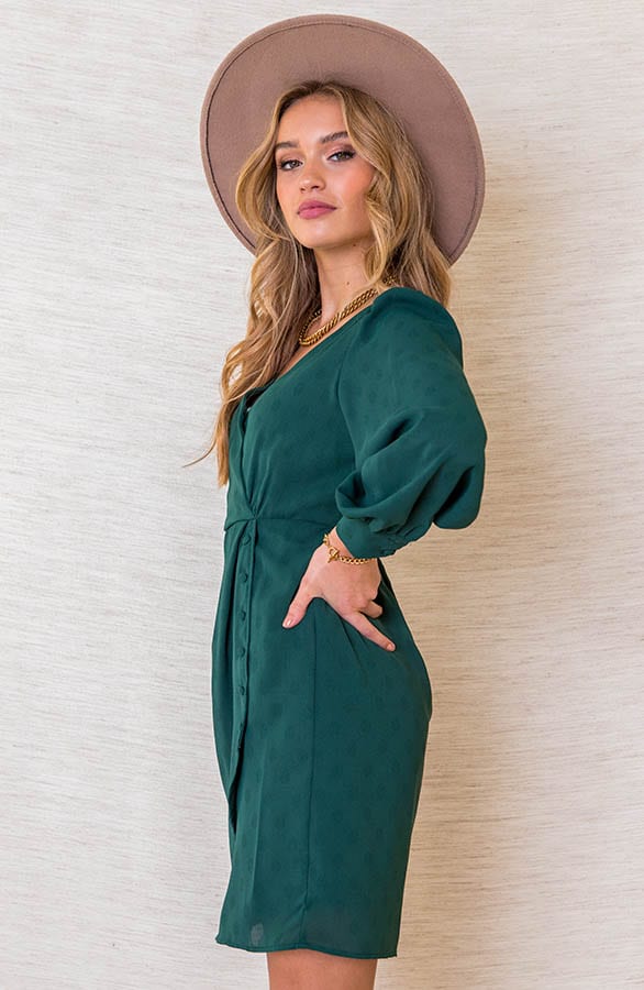V-hals Knopen Jurk Scarlett Smaragd – shoparchief — foto 3
