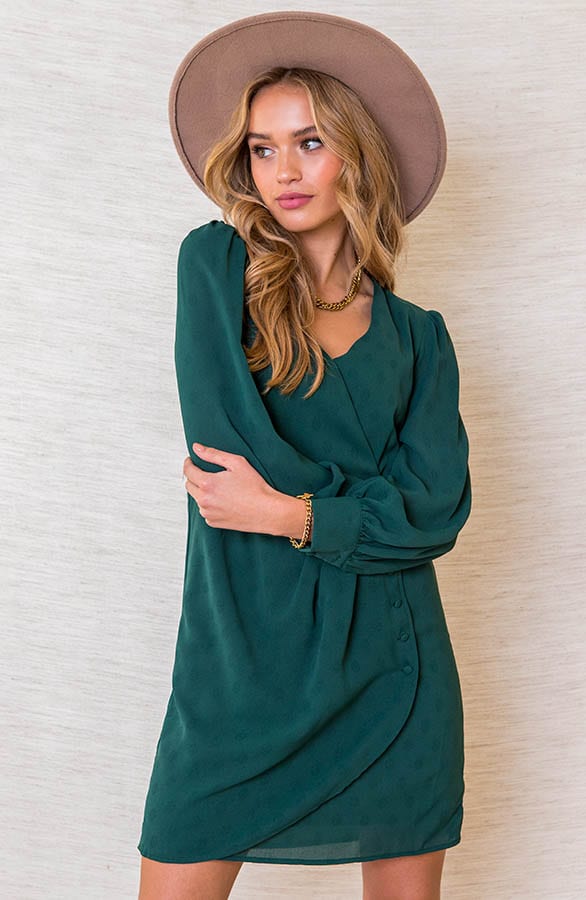 V-hals Knopen Jurk Scarlett Smaragd – shoparchief — foto 2