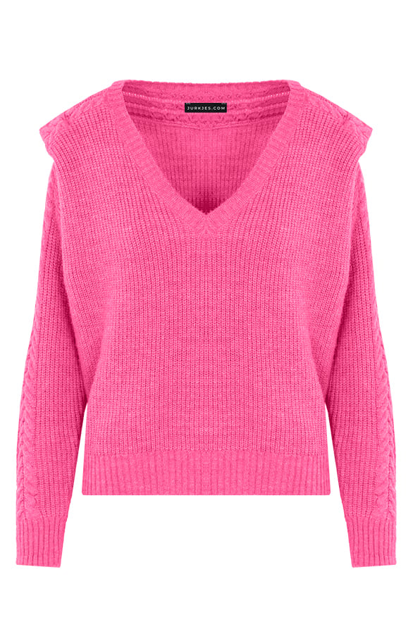 V-hals Trui Met Kabelpatroon Caitlyn Fuchsia – shoparchief
