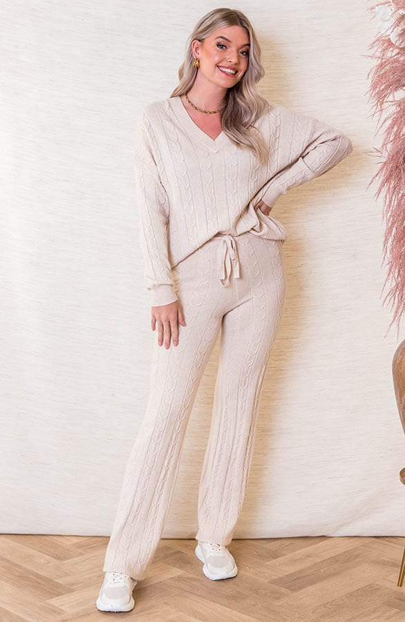 Zachtgebreide Kabelpatroon Broek Janice Beige – shoparchief