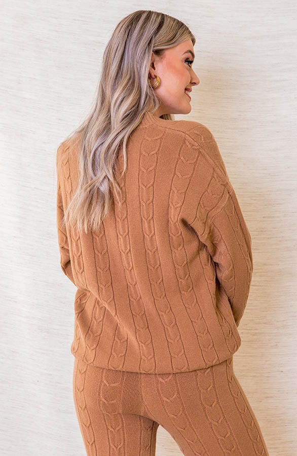 Zachtgebreide Kabelpatroon Broek Janice Cognac – shoparchief — foto 3